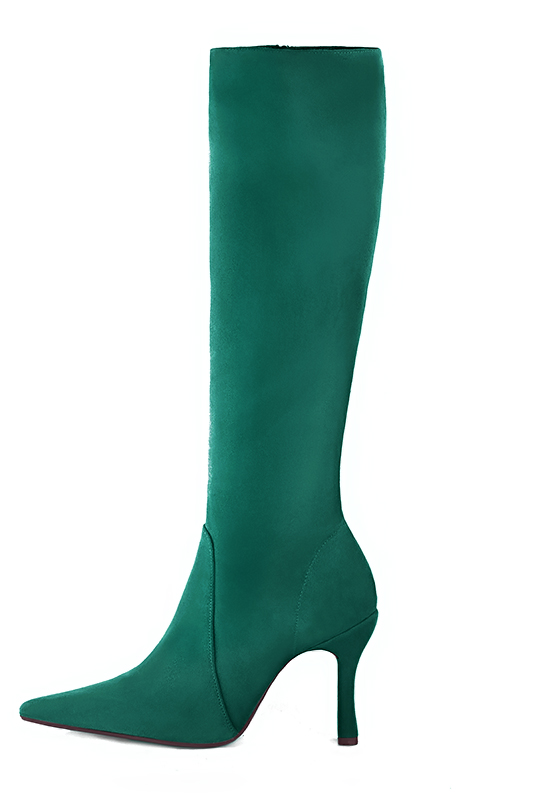 Emerald green women's feminine knee-high boots. Pointed toe. Very high spool heels. Made to measure. Profile view - Florence KOOIJMAN